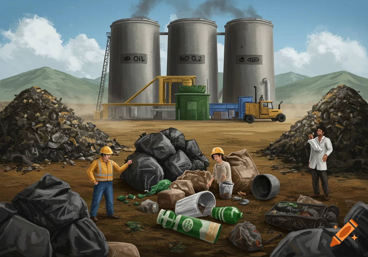 Illustrated scene of people working at a trash processing plant with silos labeled OIL and BIO Q.2.
