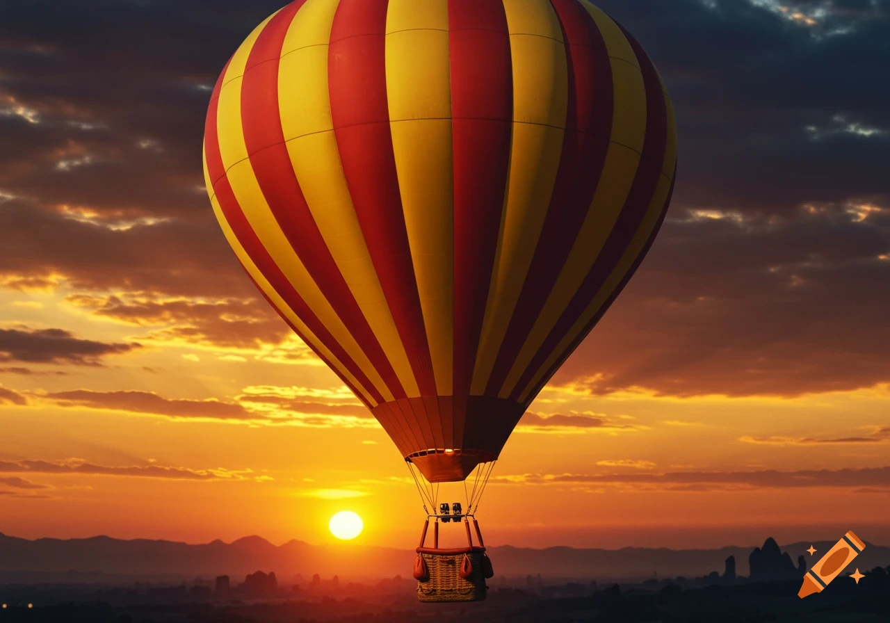 Striped hot air balloon flies over a hazy landscape at sunset.