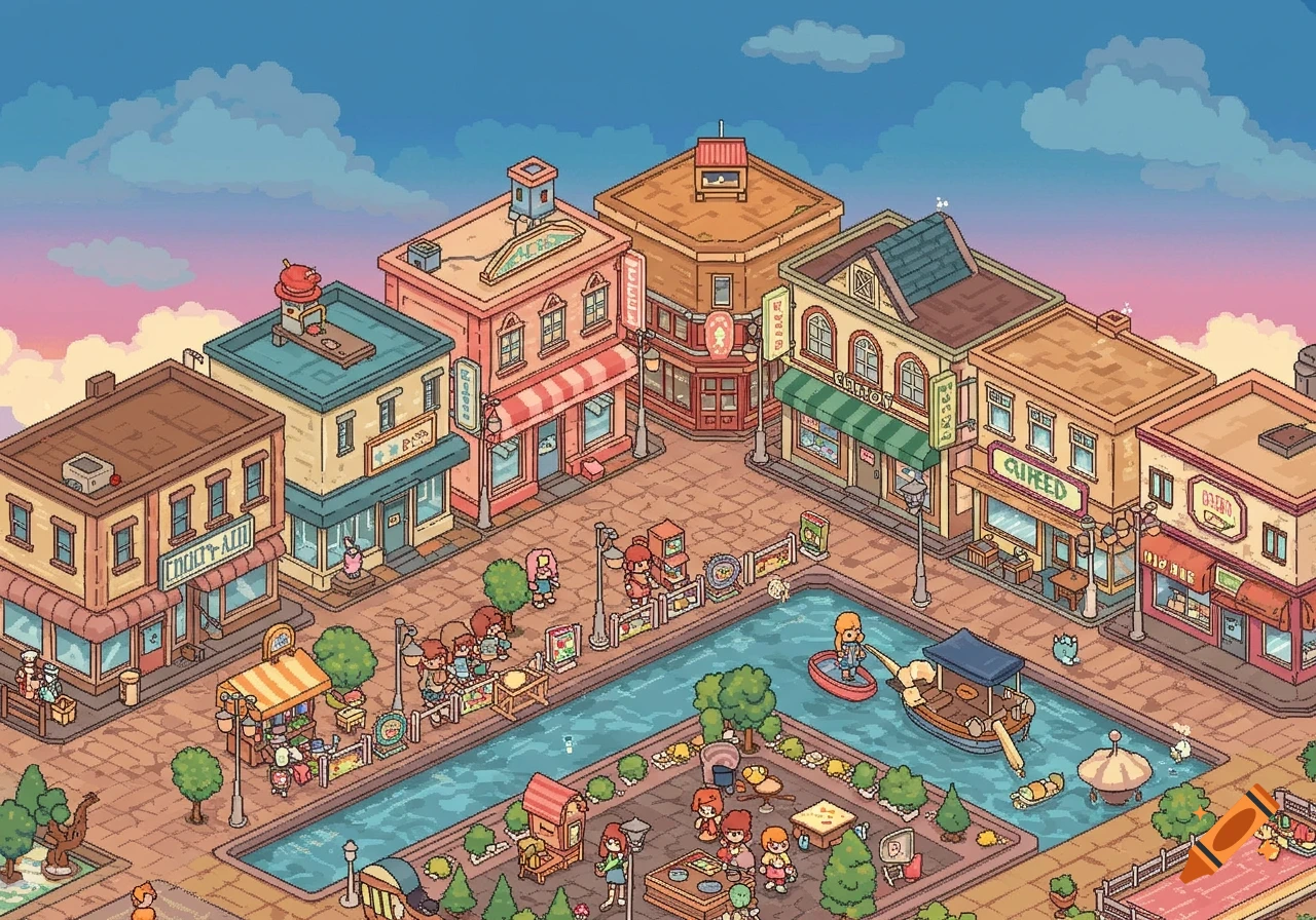A pixelated isometric view of a cute town with shops, people, and a canal under a blue and pink sky.