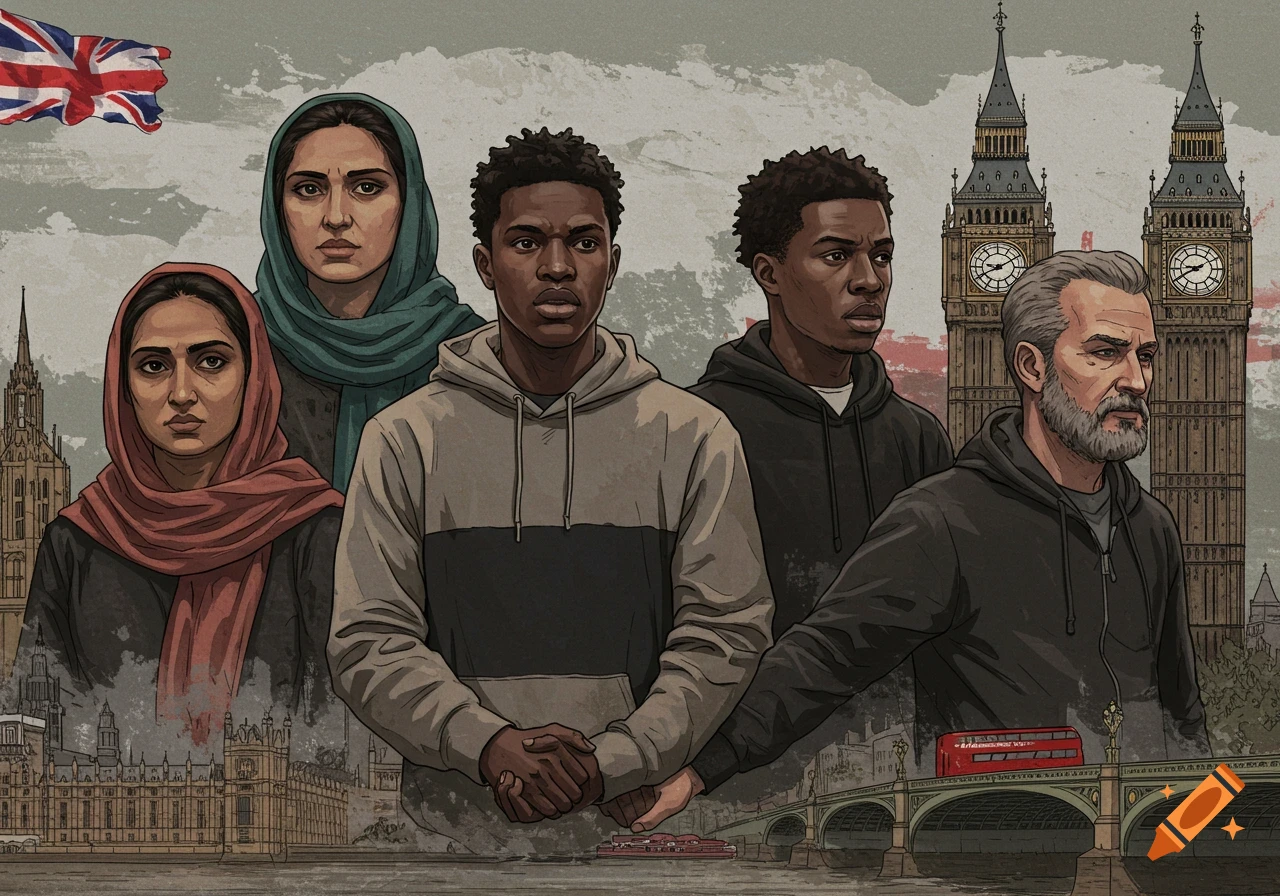 Illustration of diverse people standing in front of London landmarks and the UK flag, with a political tone.
