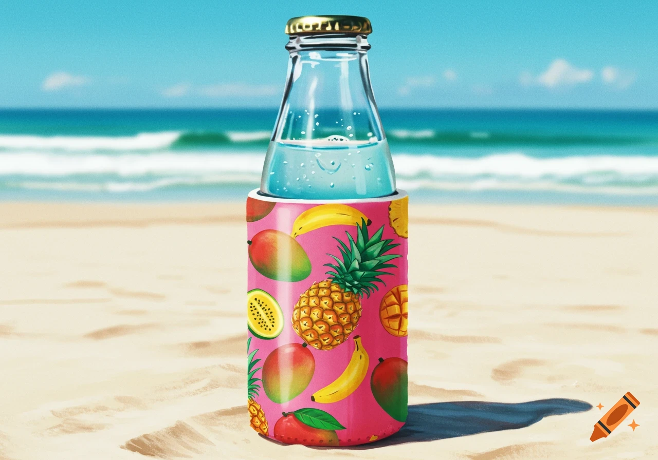 A bottle with a pink tropical fruit coozie sits on a sandy beach.