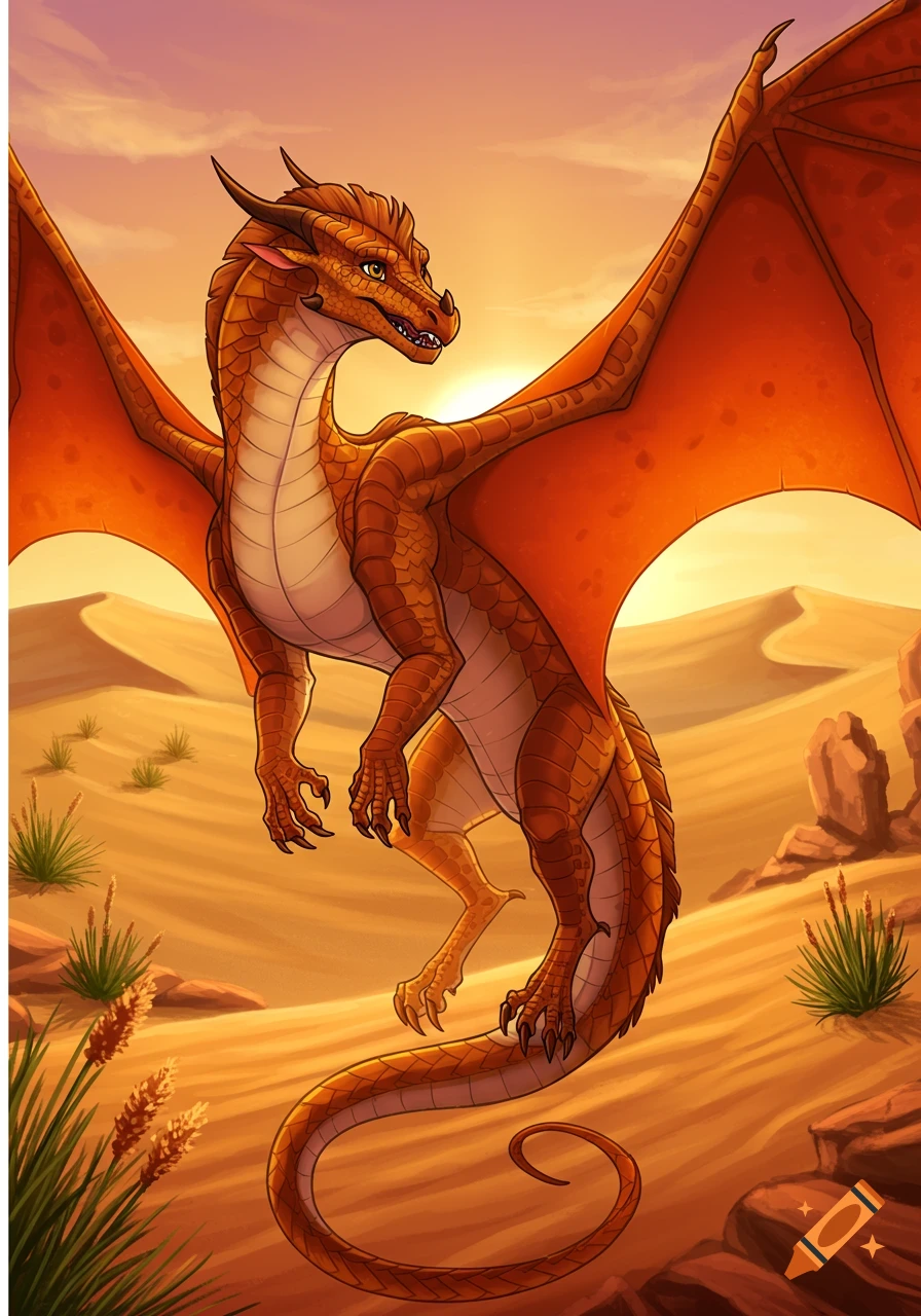 A detailed illustration of an orange and brown dragon with large wings standing in a sunny desert landscape.