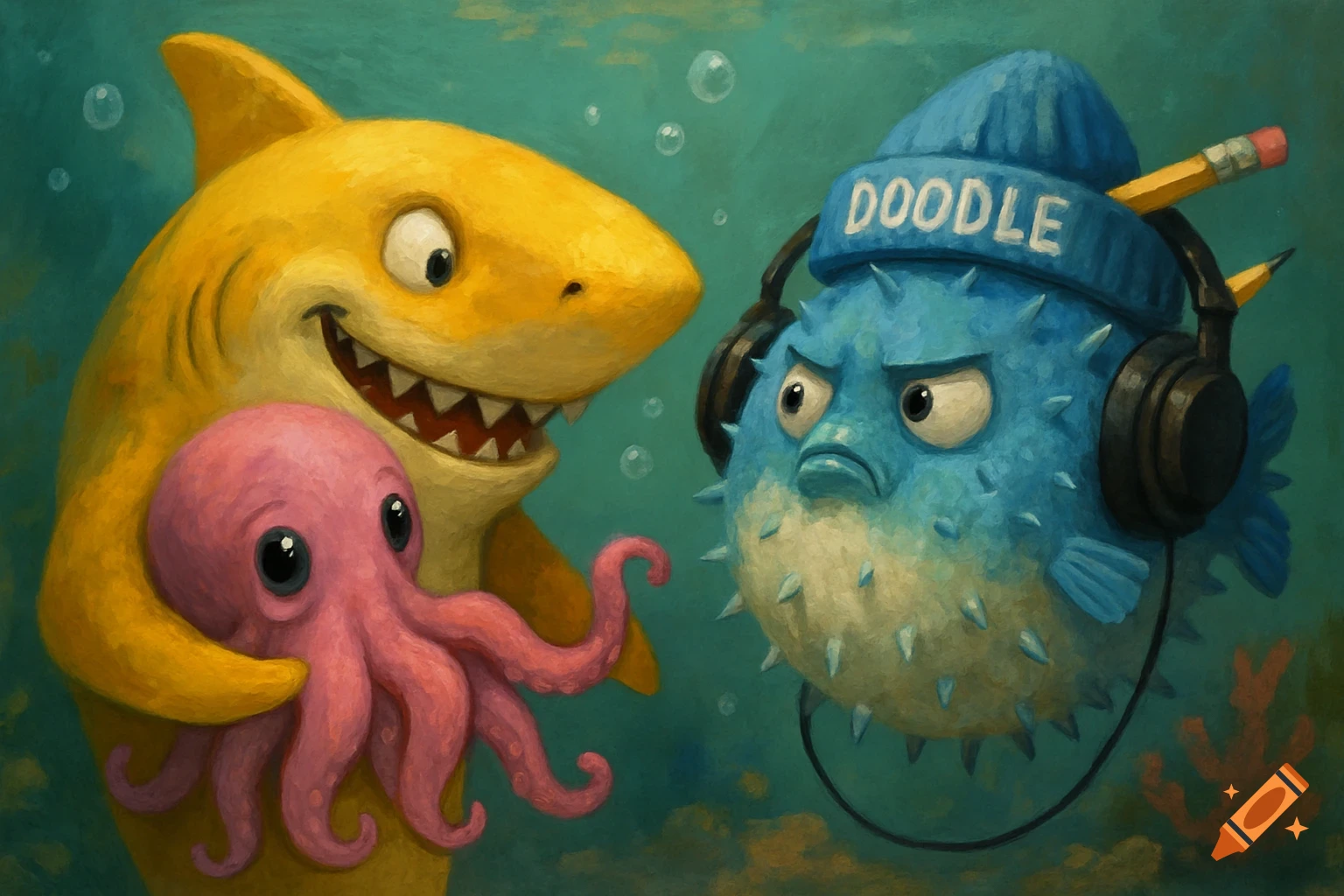 Painting of a yellow shark holding a pink octopus next to a blue puffer fish wearing a 'DOODLE' beanie, headphones, and a pencil underwater.