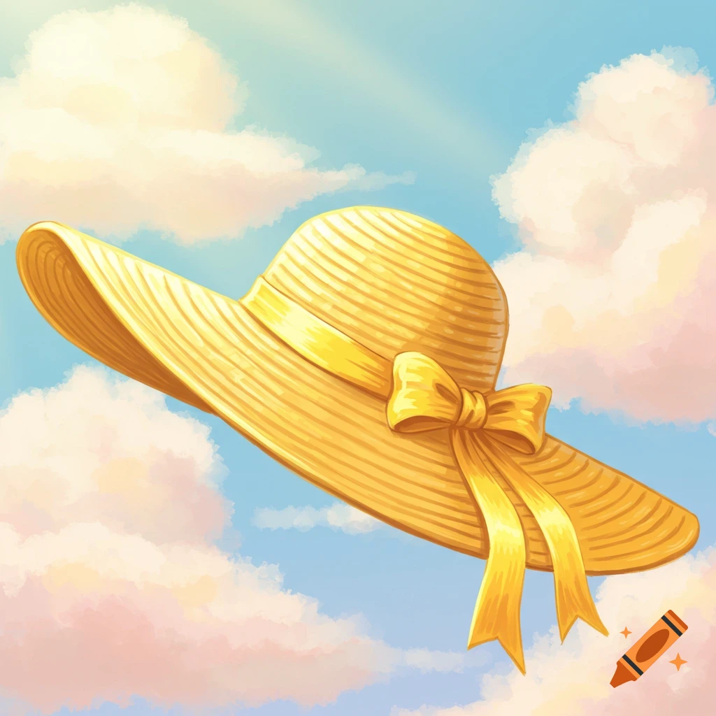 A yellow straw sun hat floats in a blue sky with pink and white clouds, stylized illustration.