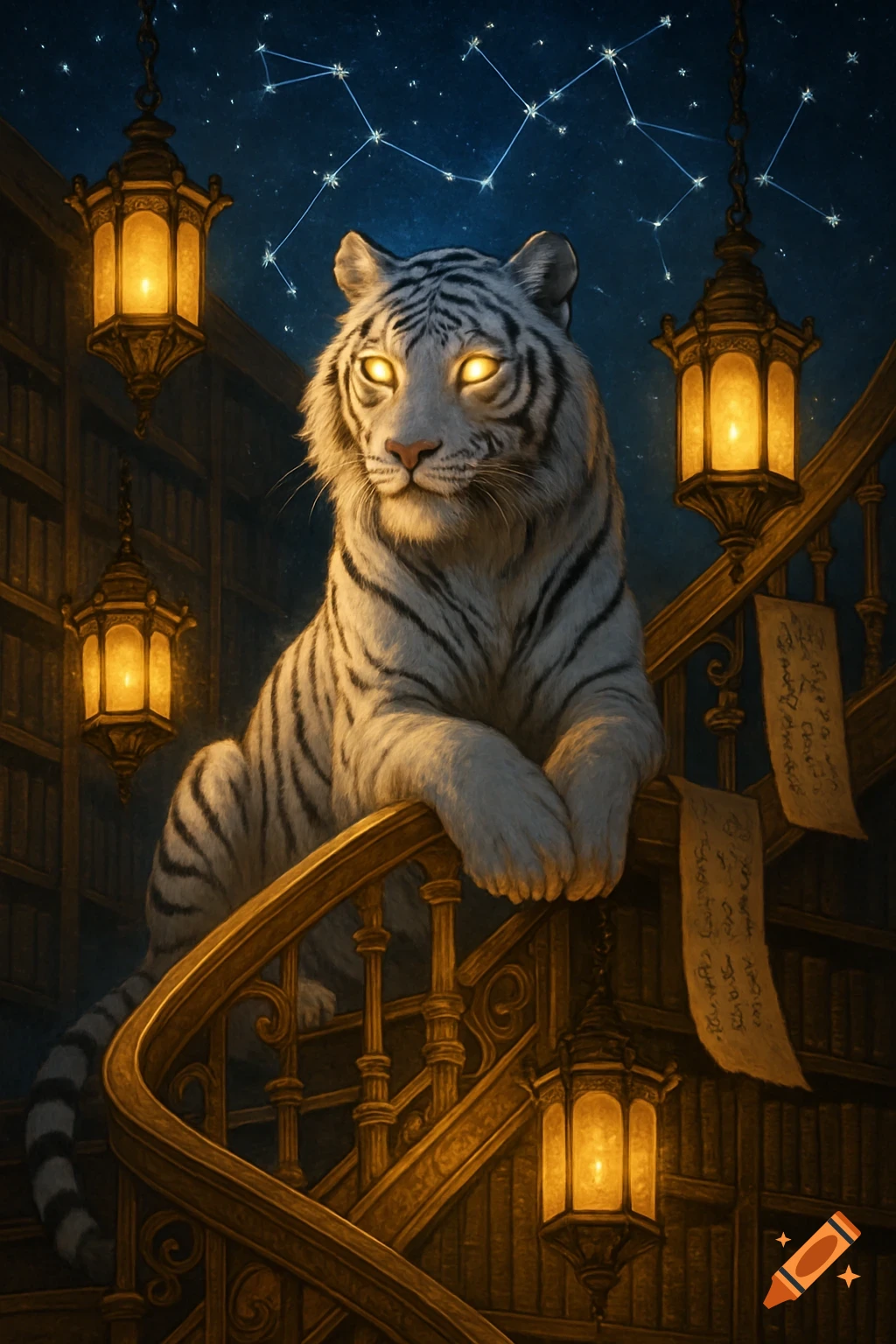 A white tiger with glowing eyes sits on a golden library staircase surrounded by lanterns under a starry sky with constellations.