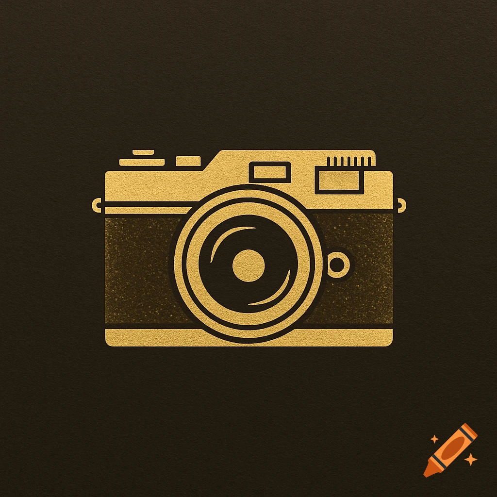 Gold retro camera icon on a dark background.