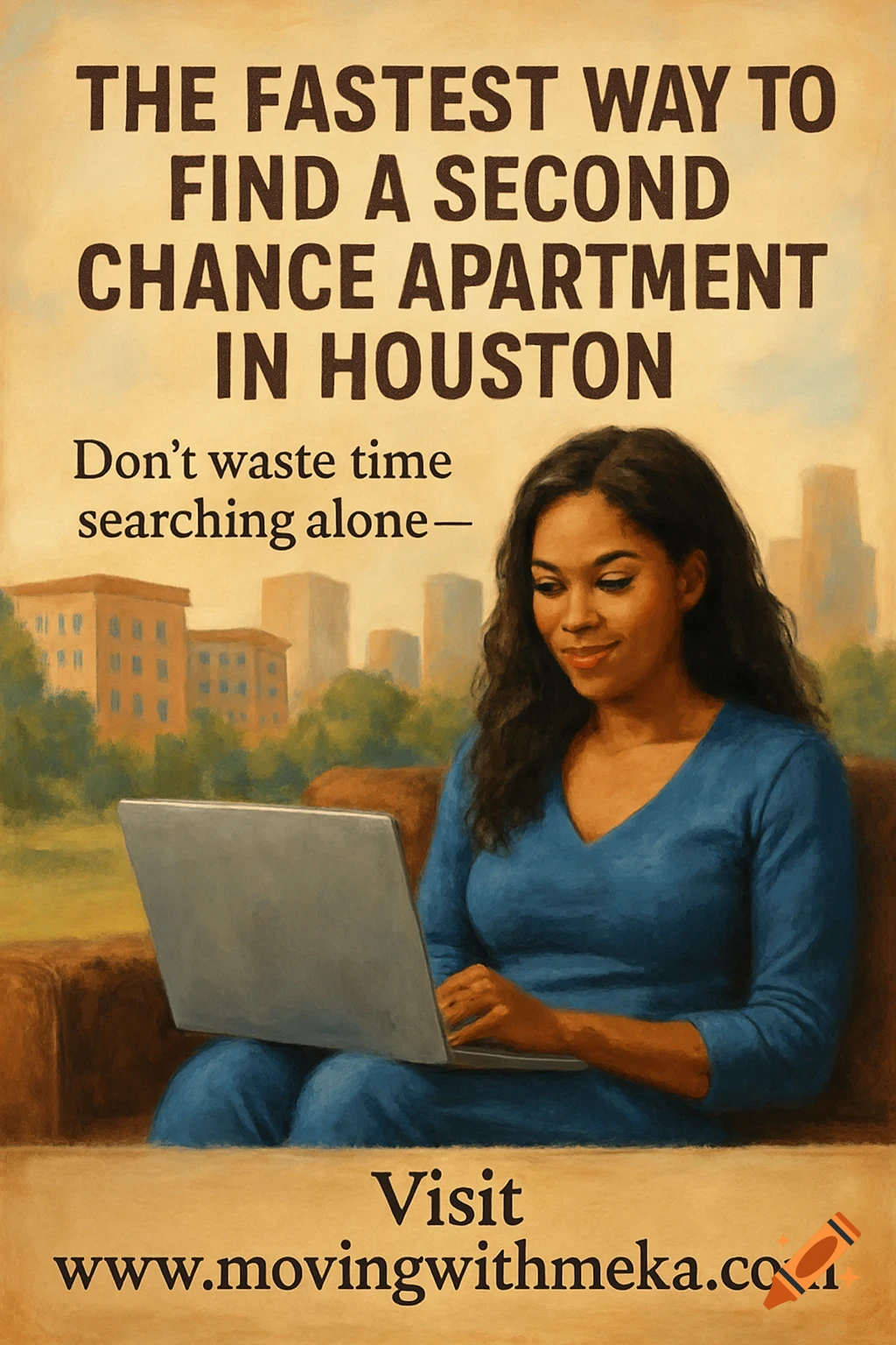 An illustration of a woman on a couch with a laptop and text about finding an apartment in Houston.