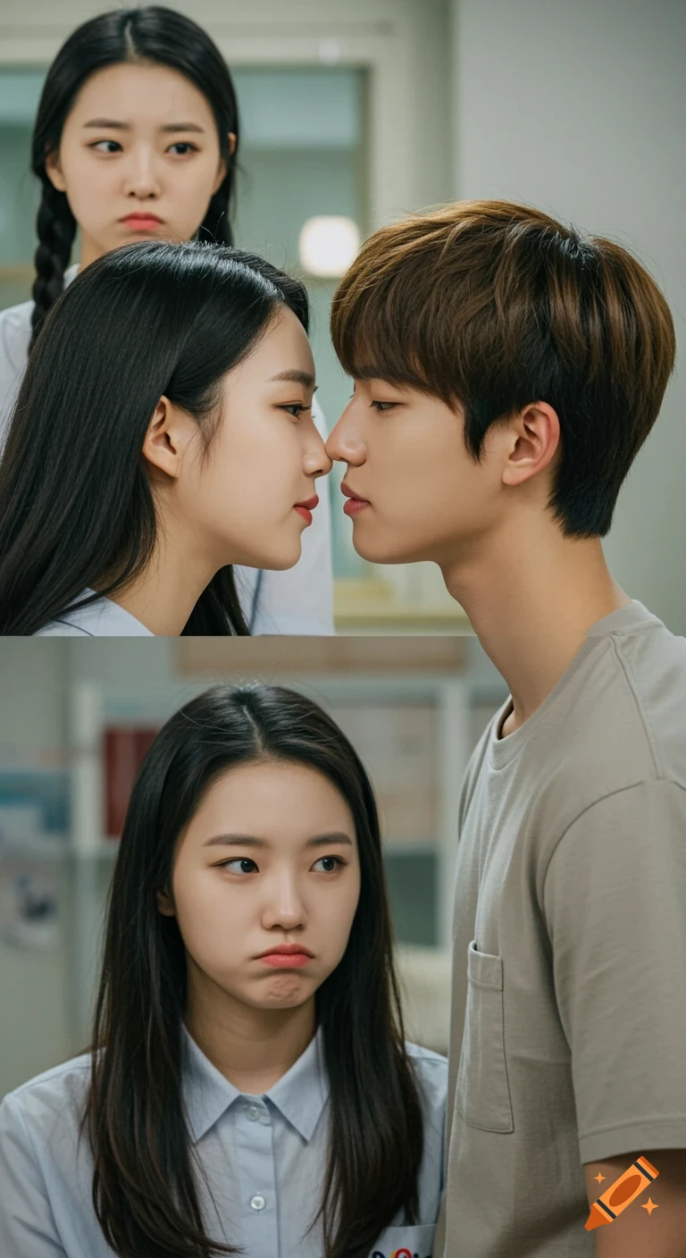 Two people lean in to kiss while a third watches disapprovingly, like a kdrama scene