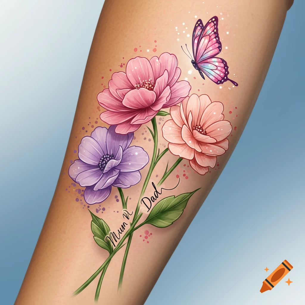 Floral and butterfly tattoo on an arm with text.