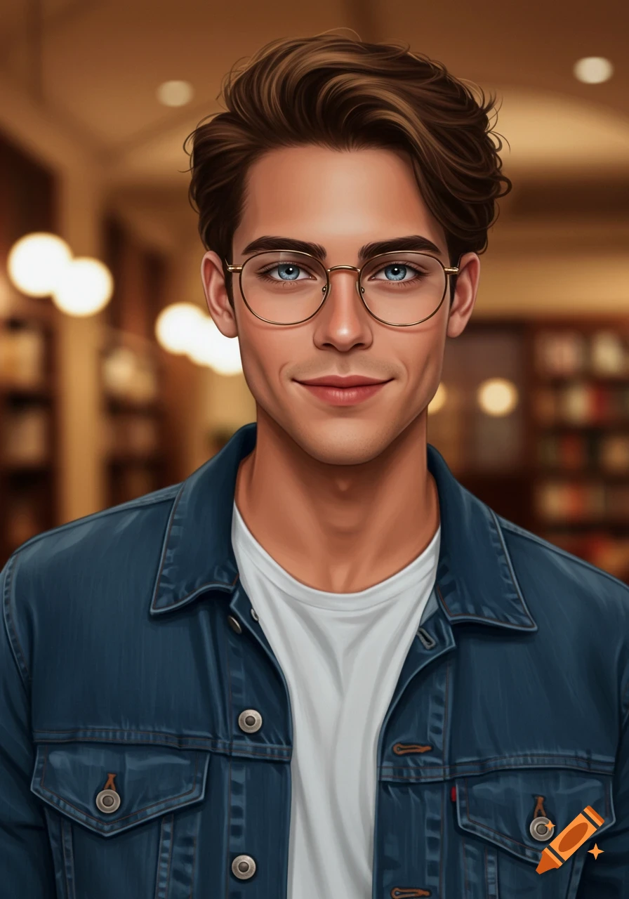 Stylized portrait of a young man with glasses wearing a denim jacket, smiling in a library.