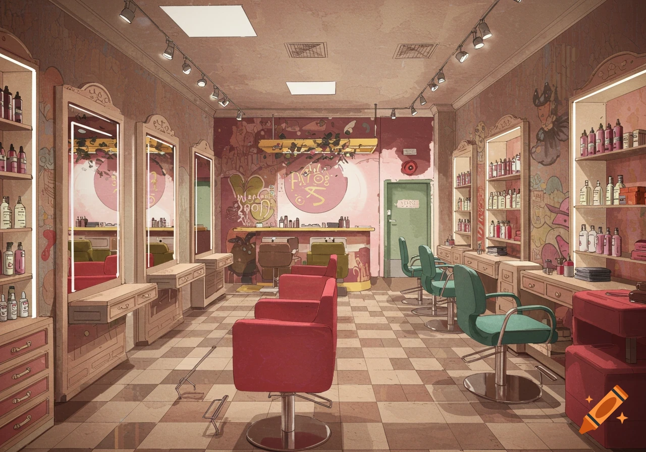 Stylized interior view of a colorful salon with chairs and mirrors.