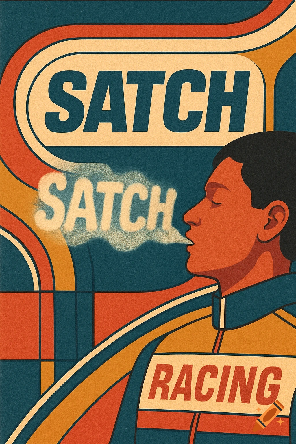 Stylized retro illustration of a person in racing gear exhaling vapor forming the word "SATCH".