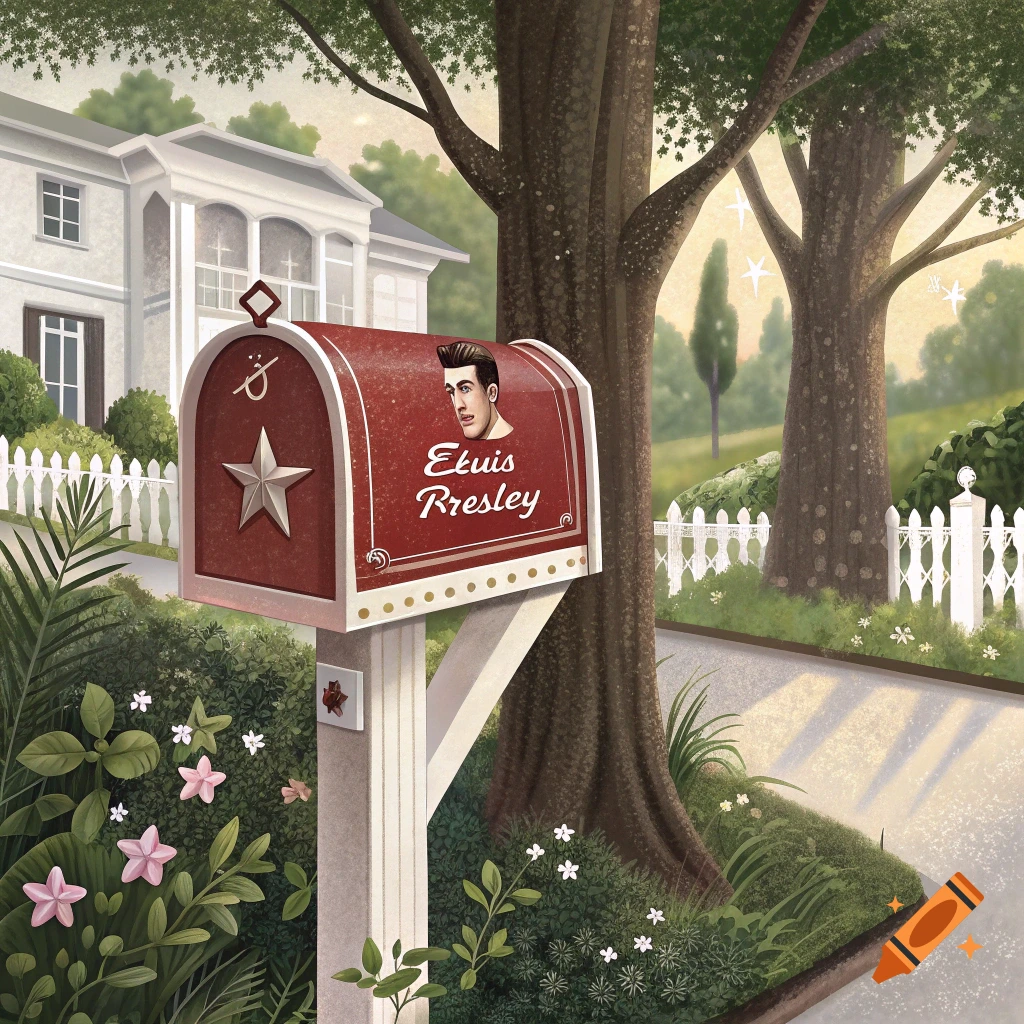 Illustration of a red mailbox with an Elvis portrait in a suburban landscape with a house and trees.