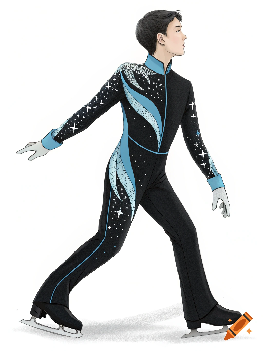Illustration of a figure skater in a black and blue sparkly costume.
