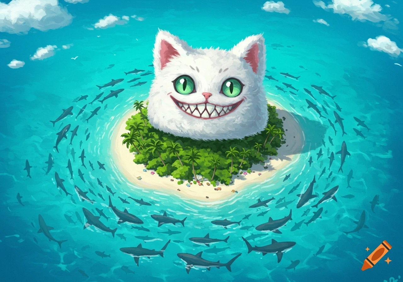 A giant Cheshire Cat head on a tropical island surrounded by sharks in the ocean.