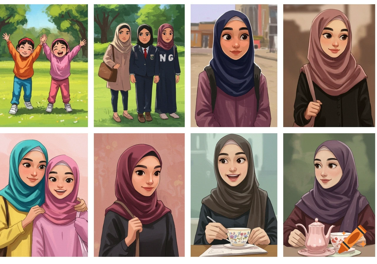 Illustration showing young Muslim girls and women wearing hijabs in various scenes from childhood to adulthood.