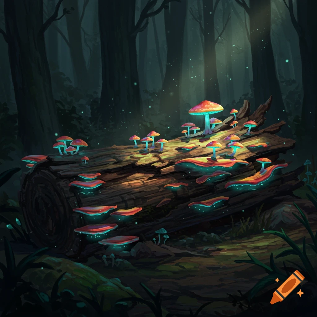 Glowing mushrooms on a log in a dark forest.