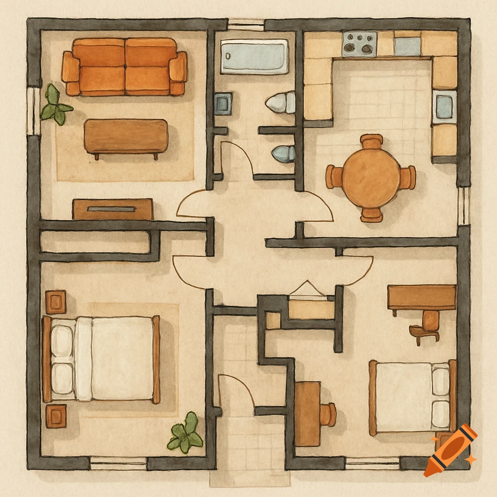 Watercolor illustration of a house floor plan showing rooms like living area, kitchen, dining, bathroom, and bedrooms.