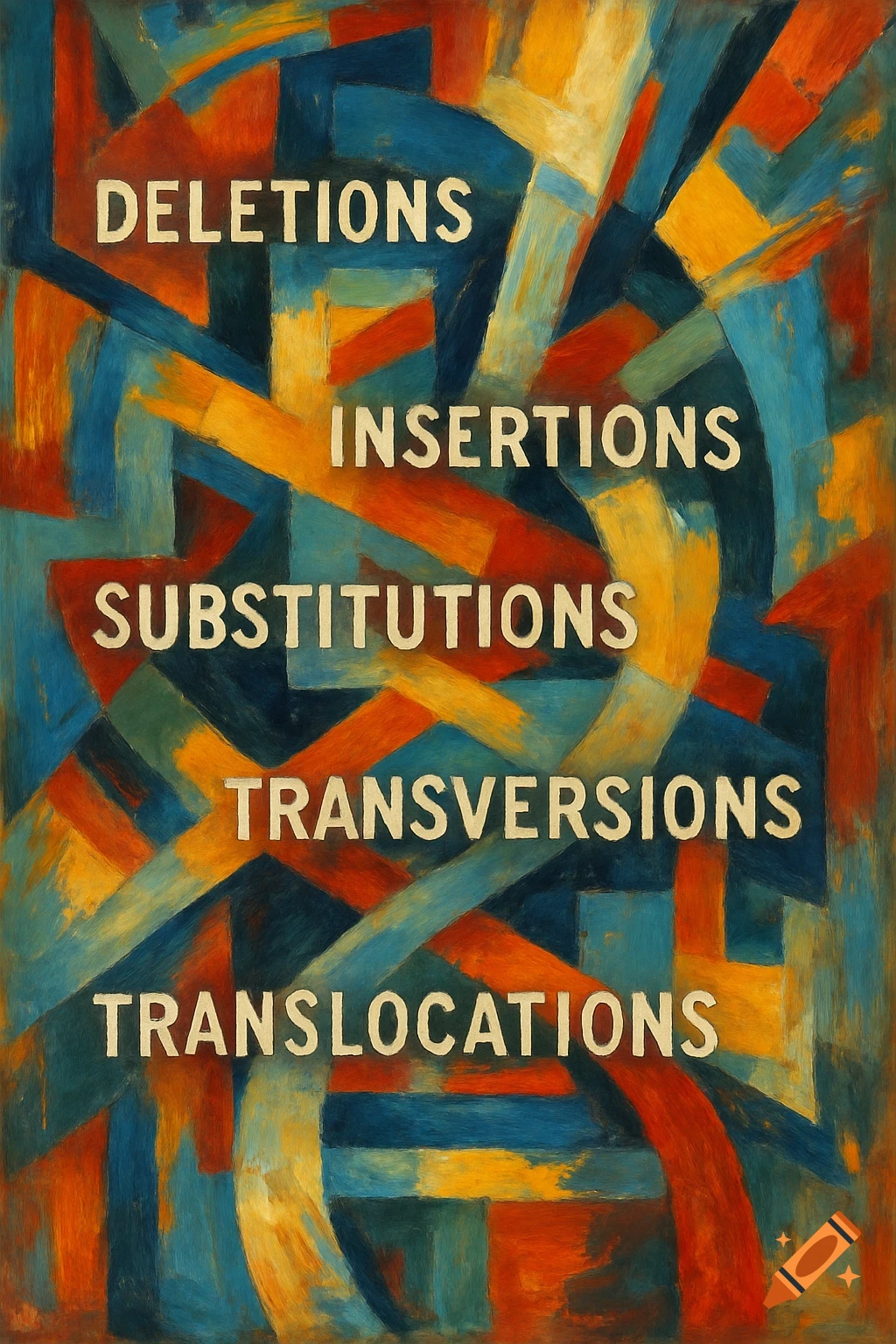 Abstract painting with bold, colorful geometric shapes in blue, orange, and yellow, featuring words like DELETIONS, INSERTIONS, SUBSTITUTIONS, TRANSVERSIONS, and TRANSLOCATIONS.