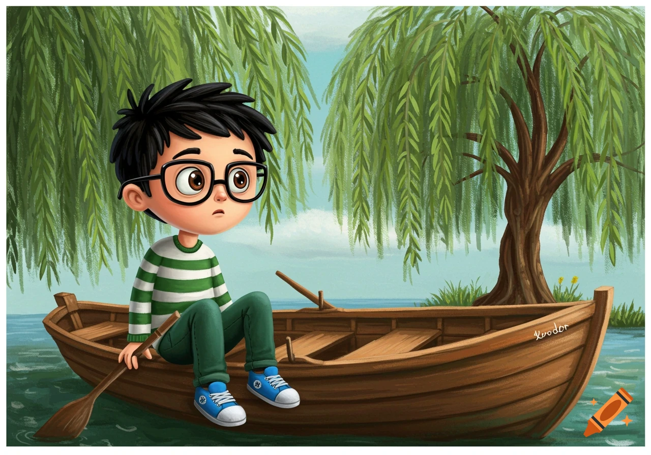 An illustration of a boy with glasses sitting in a rowboat under a willow tree.