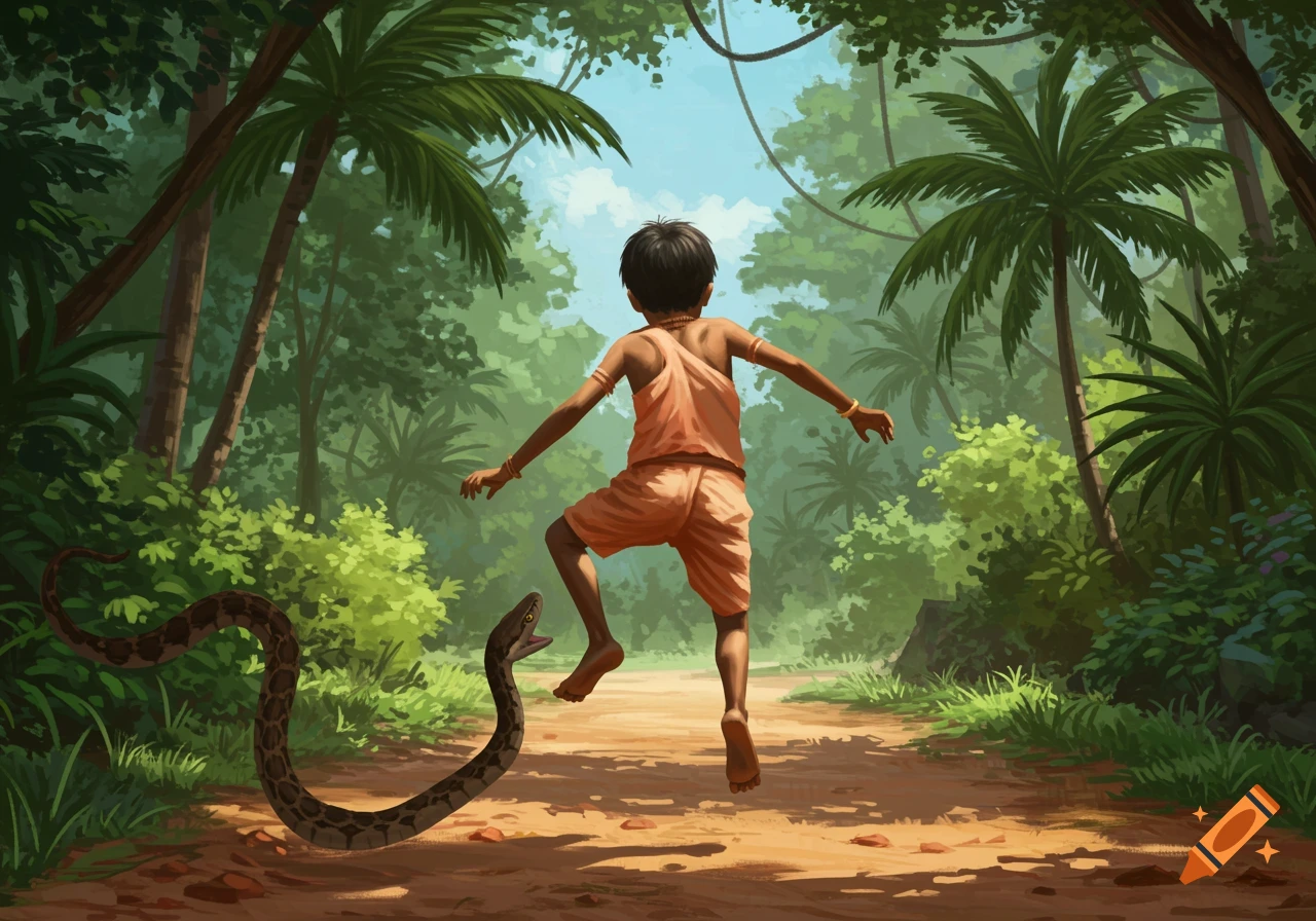 A young boy jumps away from a snake on a dirt path in a jungle, seen from behind.