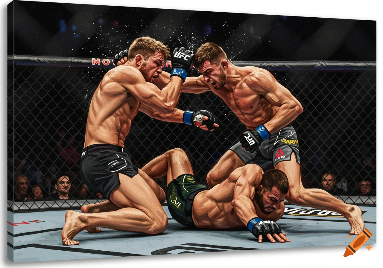 Stylized depiction of three muscular fighters in a UFC cage during a fight, one punching, one blocking, one on ground.