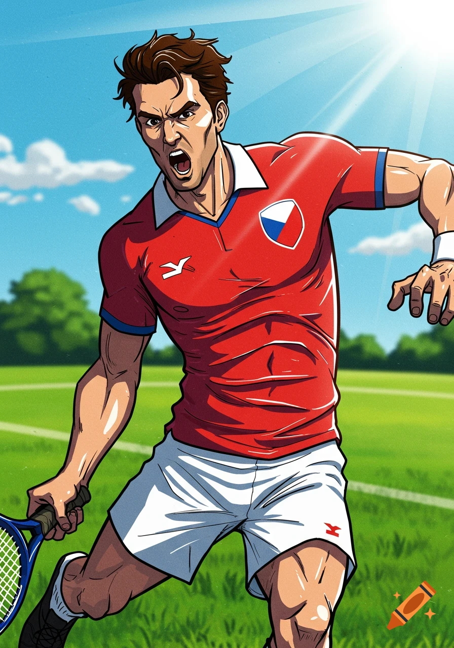 Comic style illustration of a man in a red Czech shirt playing tennis with a fierce expression.