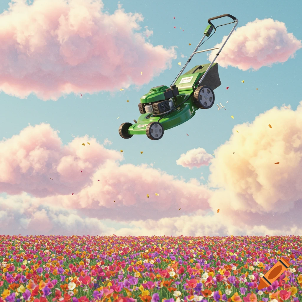 A green lawnmower floats above a field of colorful flowers under a sky with pink clouds.