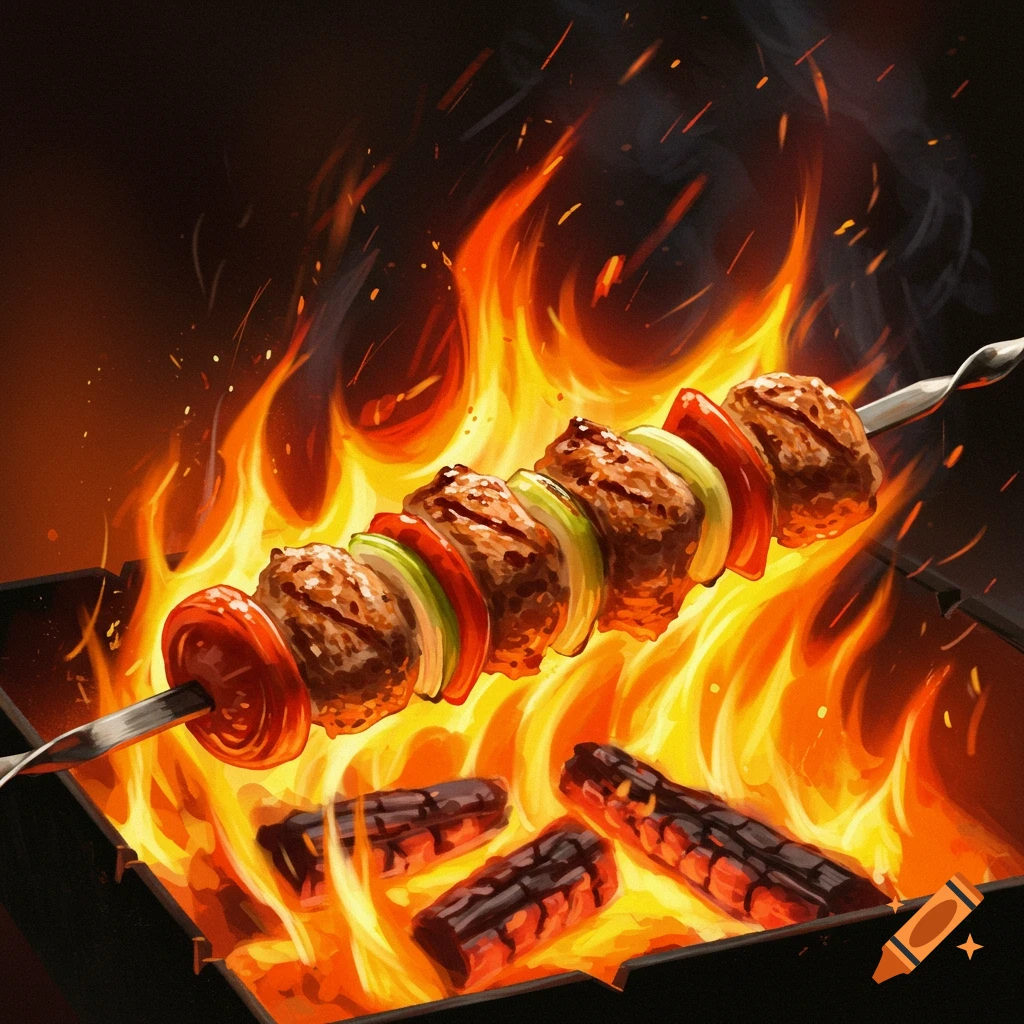 Kebab grilling over hot coals and flames, stylized illustration.