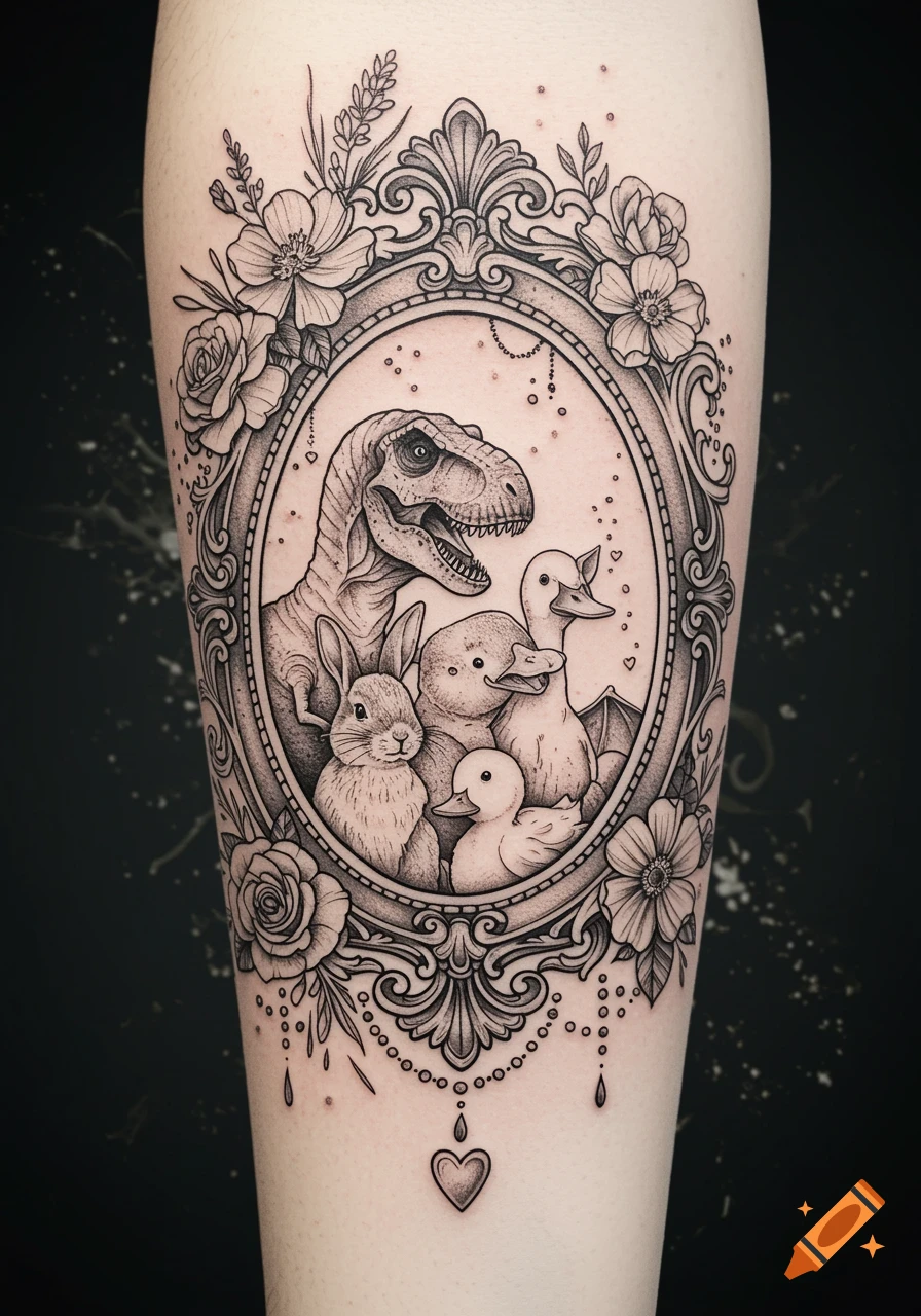 A black and white tattoo design of a T-rex, bunny, and ducks in an ornate oval frame with flowers.