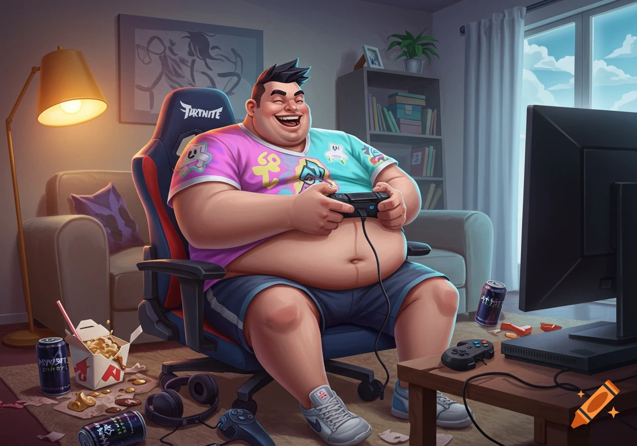 Illustration of an overweight man playing video games in a messy room.