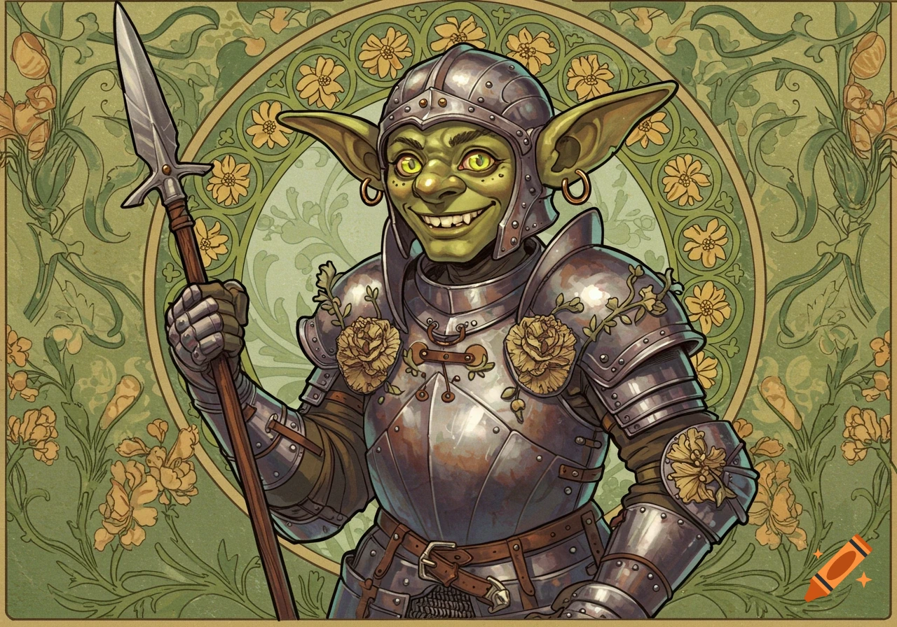 An illustration of a goblin in ornate armor holding a spear, rendered in an art nouveau style.