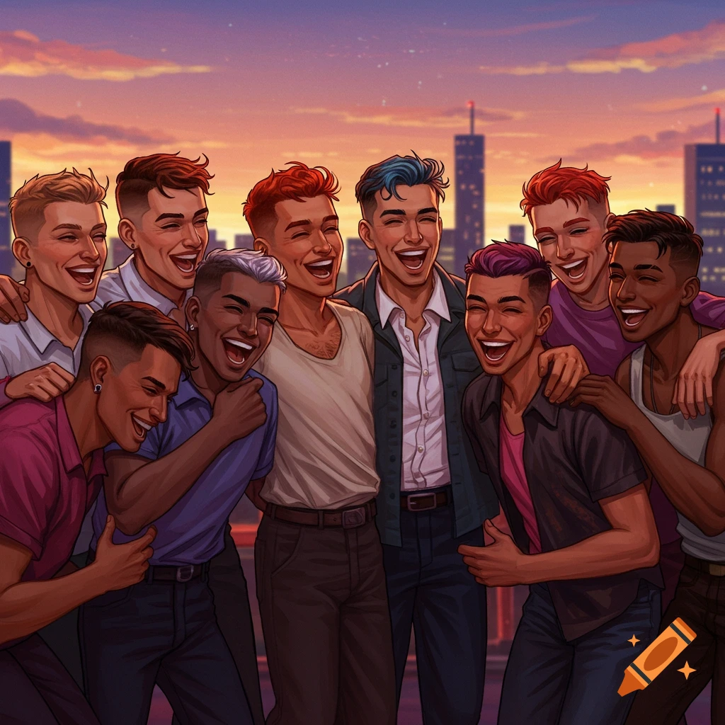 Illustration of a diverse group of men laughing and hugging against a sunset city skyline.
