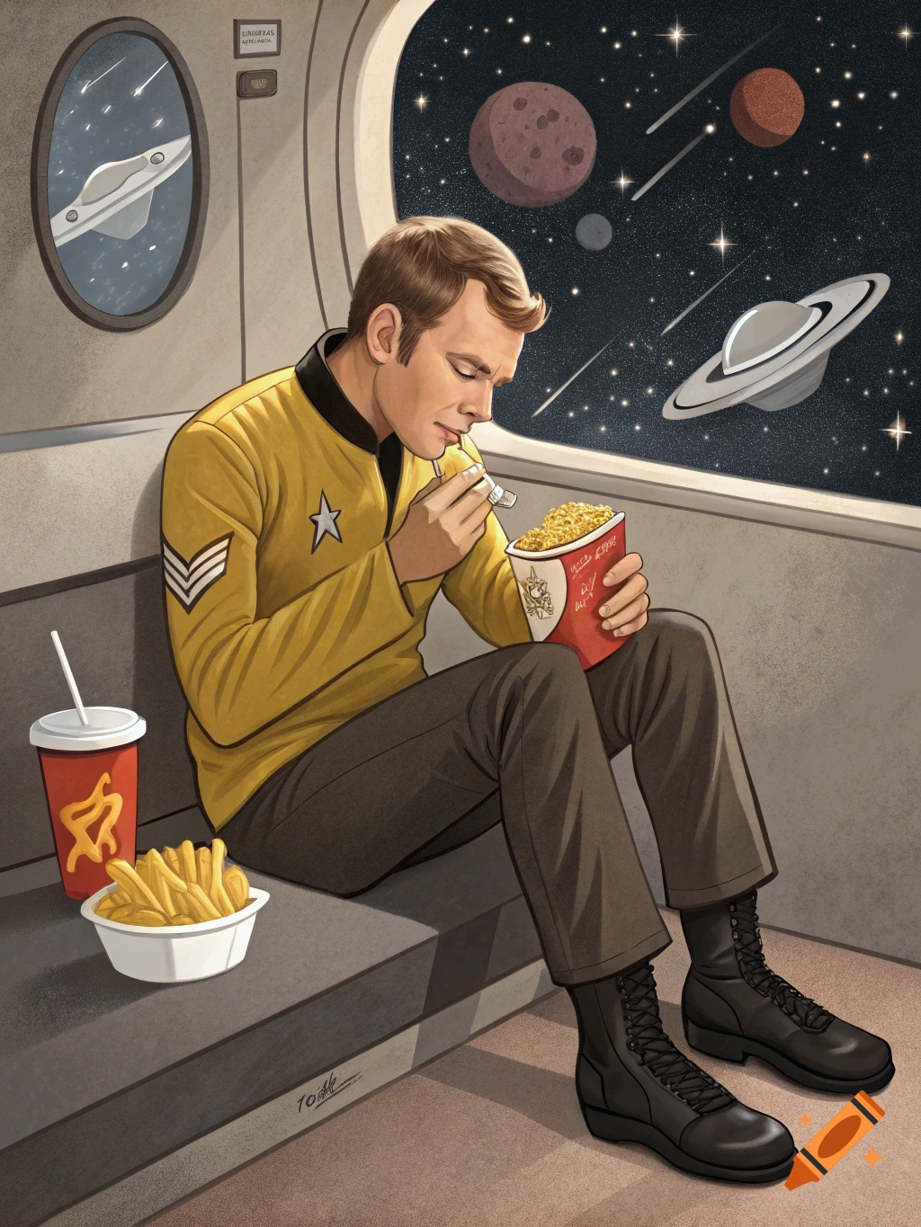 Captain Kirk in a yellow uniform sits in a spaceship eating popcorn and fries, looking out a window at planets and stars.