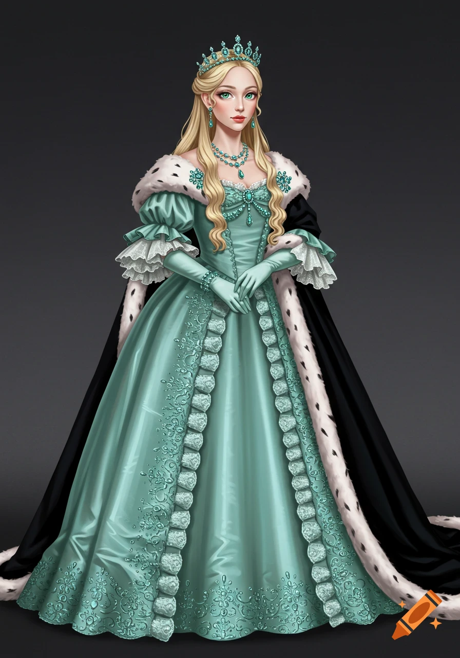 A woman in a teal robe à la fran historical ce, ermine-lined cloak, and diamond crown, semirealism style.