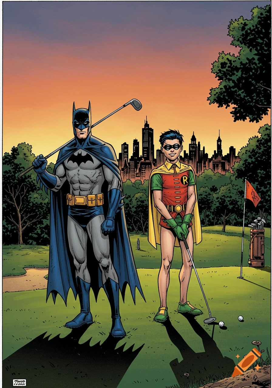 Batman and Robin playing golf on a course at sunset, comic book art style.