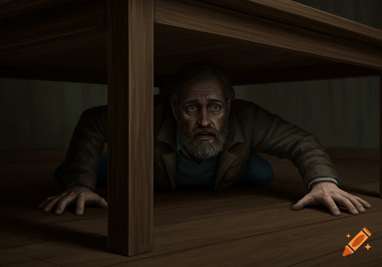 An anxious man hides under a wooden table.