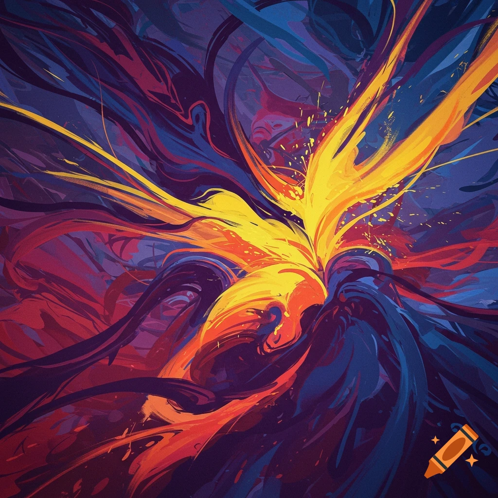 Abstract art with swirling red, blue, purple, and yellow colors