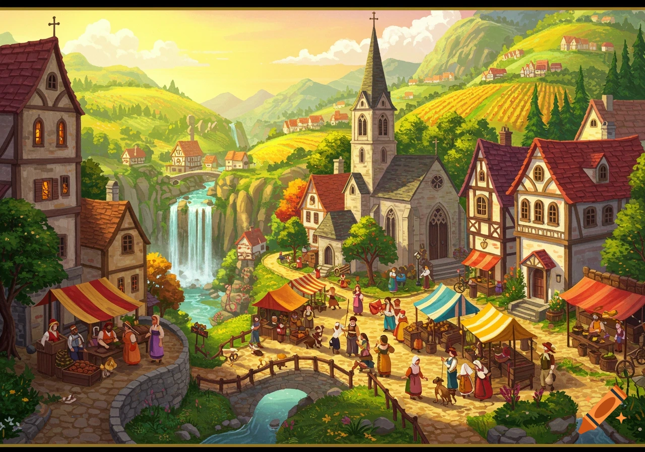 Illustration of a bustling village with a market, church, and waterfall.