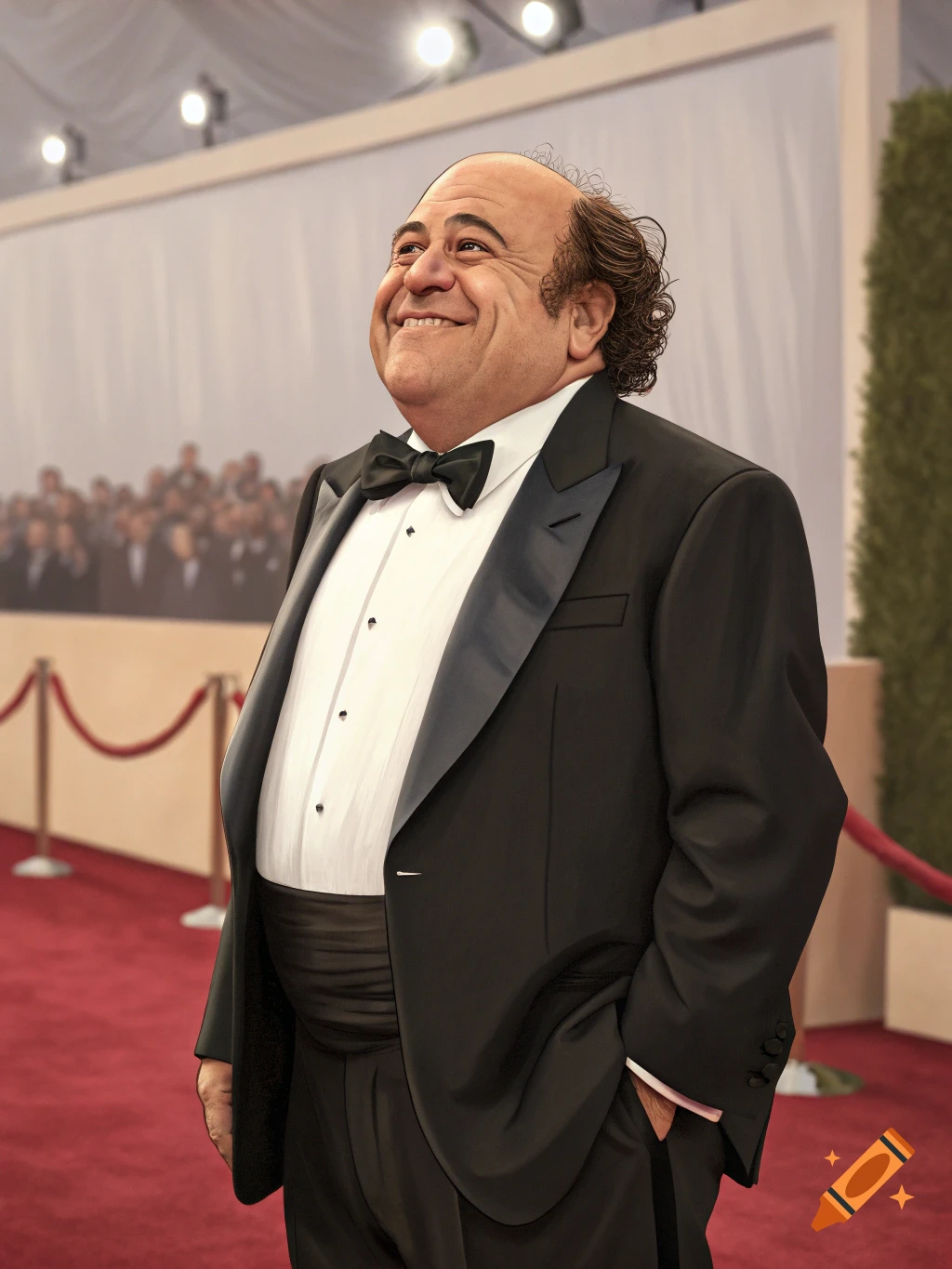 Danny DeVito in a tuxedo smiling on a red carpet at an event.