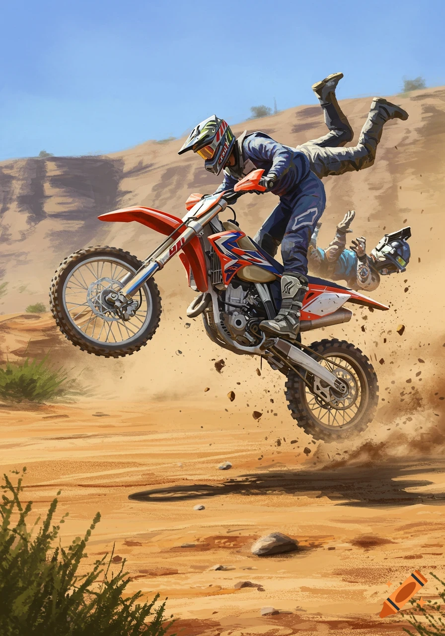 A dirt bike rider crashes in the desert during a jump.