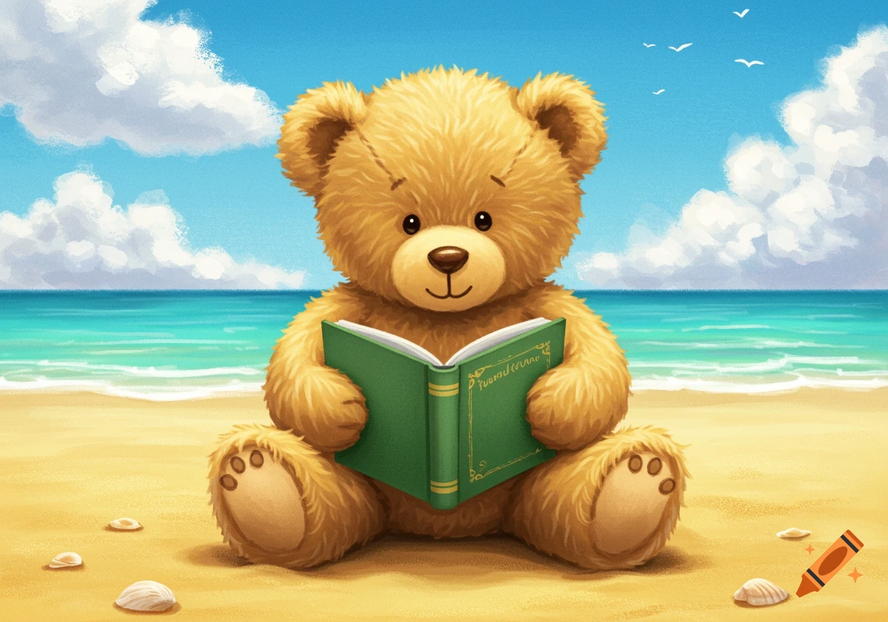 A cute teddy bear sits on a sandy beach reading a green book. Seashells are scattered around.