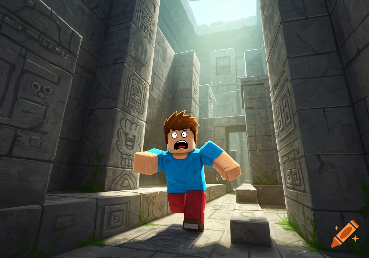A scared Roblox character runs through a stone maze.