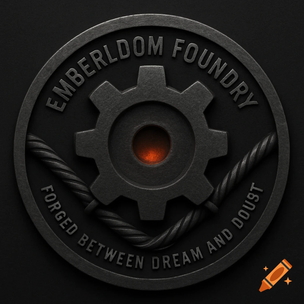 Dark metal industrial badge with a gear, entwined cables, and a glowing orange center.