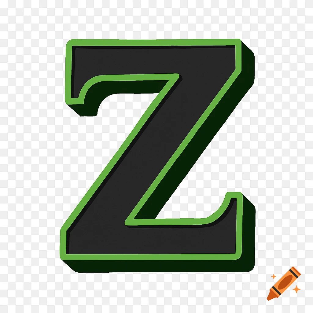 Black letter Z with green outline and 3D effect on transparent background.