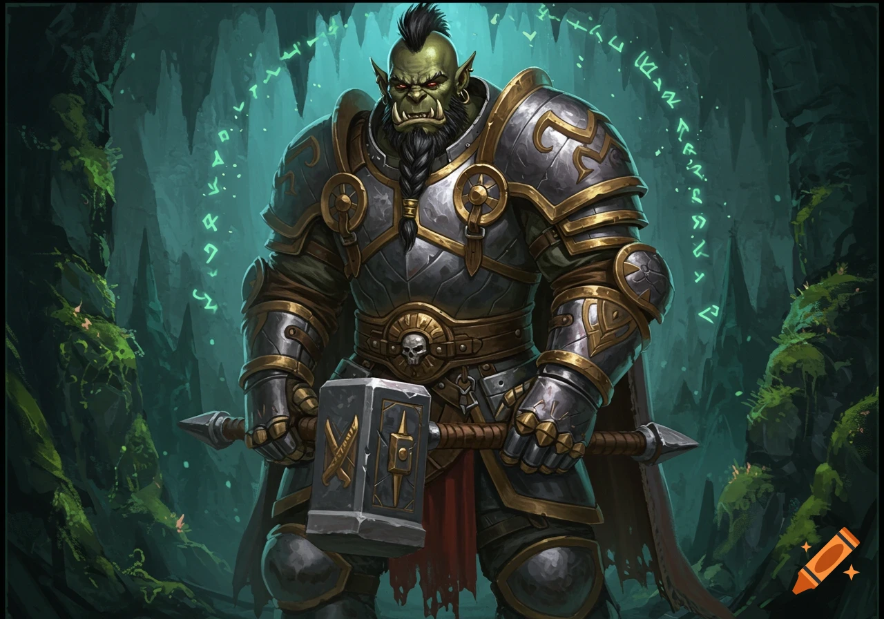 Portrait of an orc paladin in detailed armor holding a warhammer, with glowing runes in a dark cave.