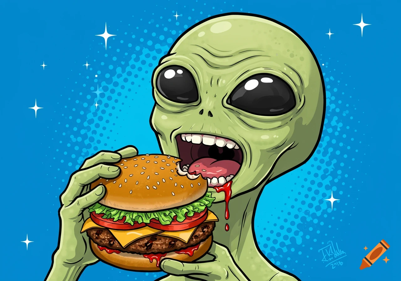 Cartoon green alien eating a hamburger