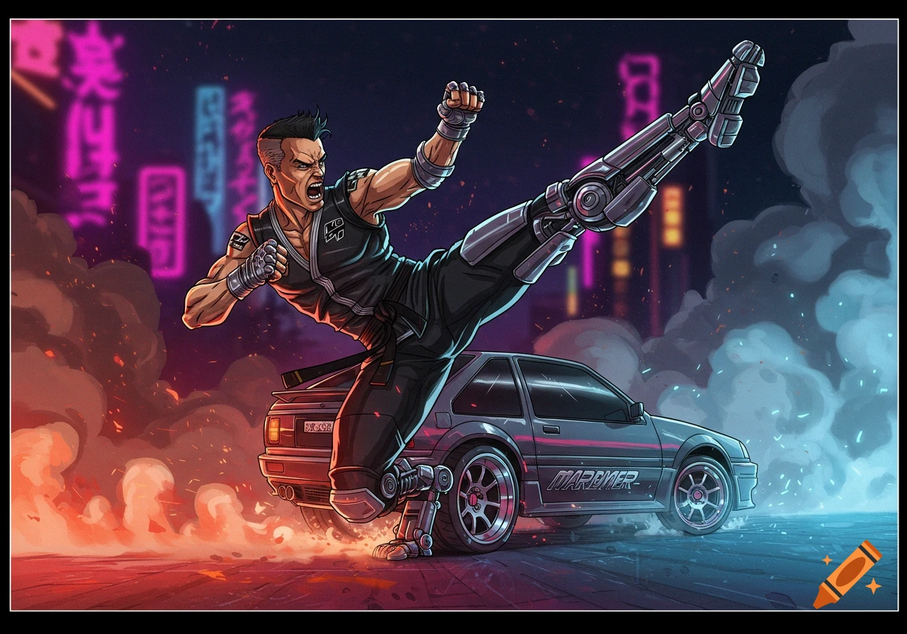Man with robotic leg does high kick over a car on a street at night, cyberpunk art.