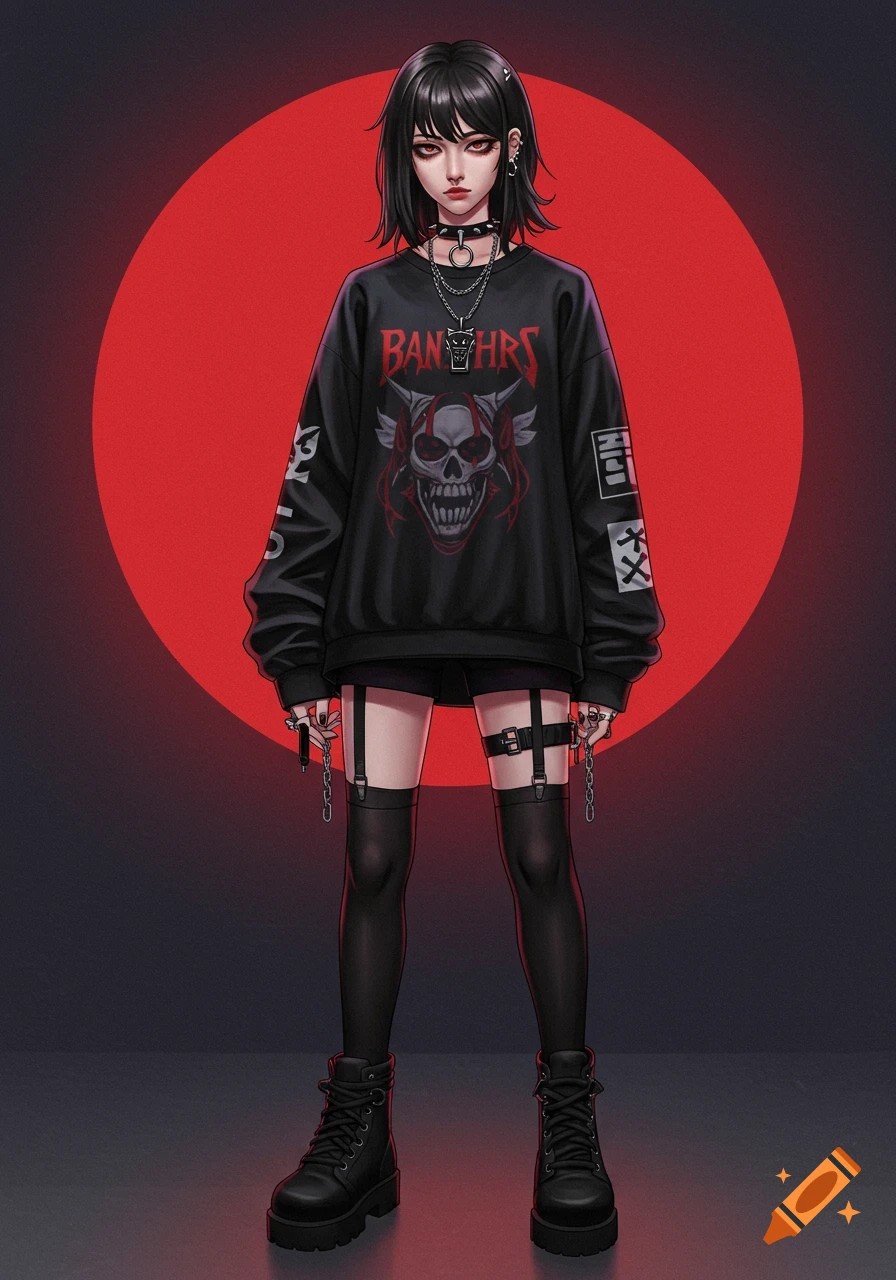 Anime girl in grunge fashion with band shirt and garters standing against a red circle.