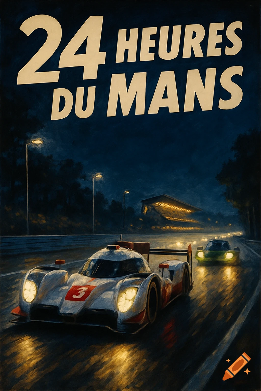 Poster style image of race cars competing at night during the 24 Hours of Le Mans, with the event title at the top.